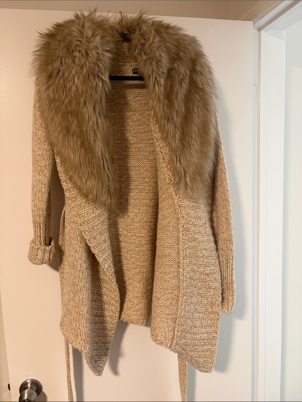 Express Faux Fur Collar Open Knit Cardigan - Beige